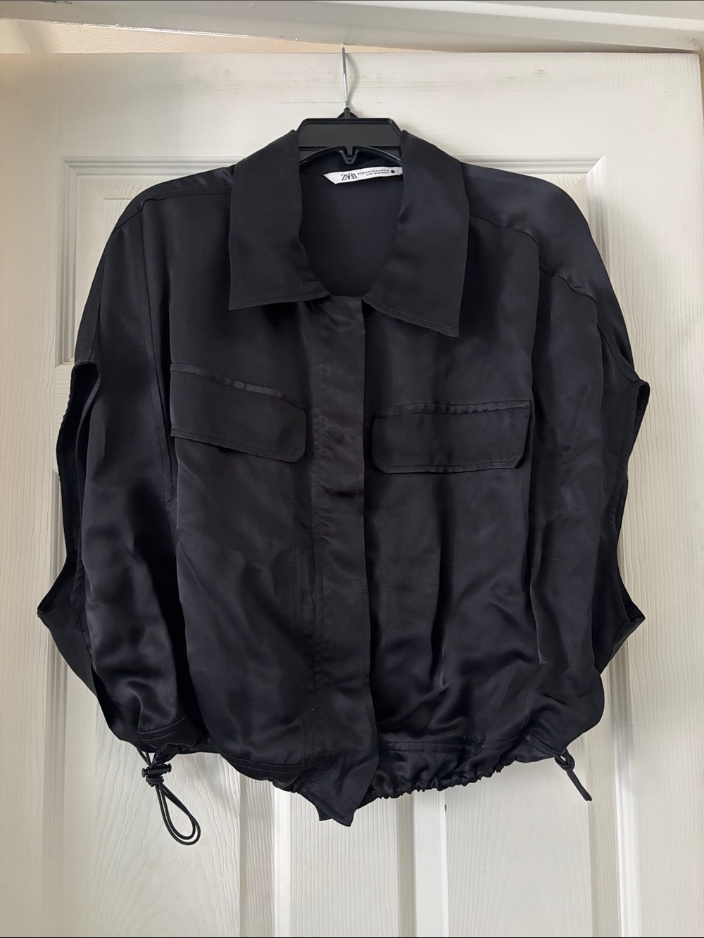 Zara Black Satin Utility Jacket with Front Flap Pockets